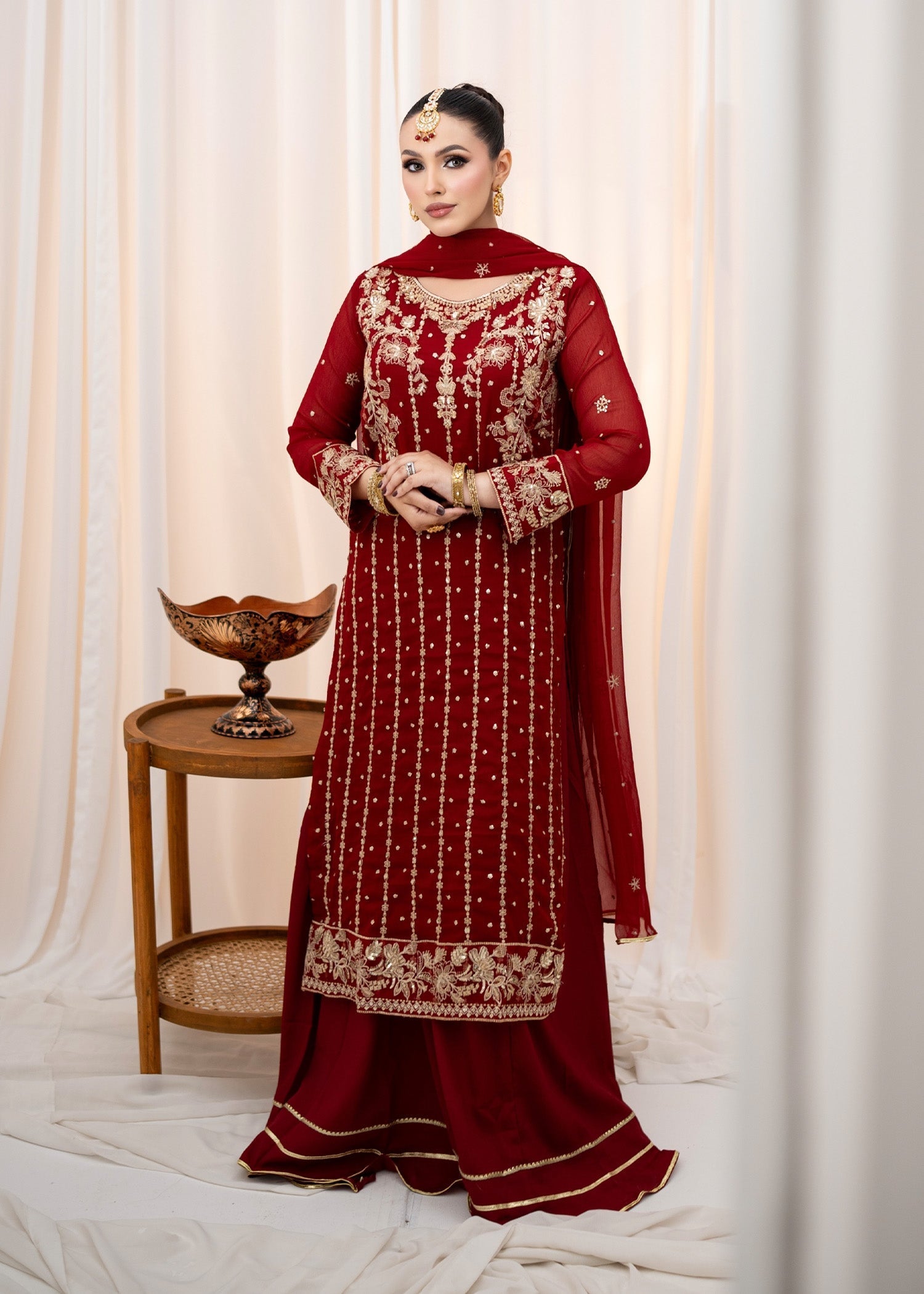 Maroon Embroidered Chiffon Long Shirt with Silk Lehenga (3-Piece) - Image 1