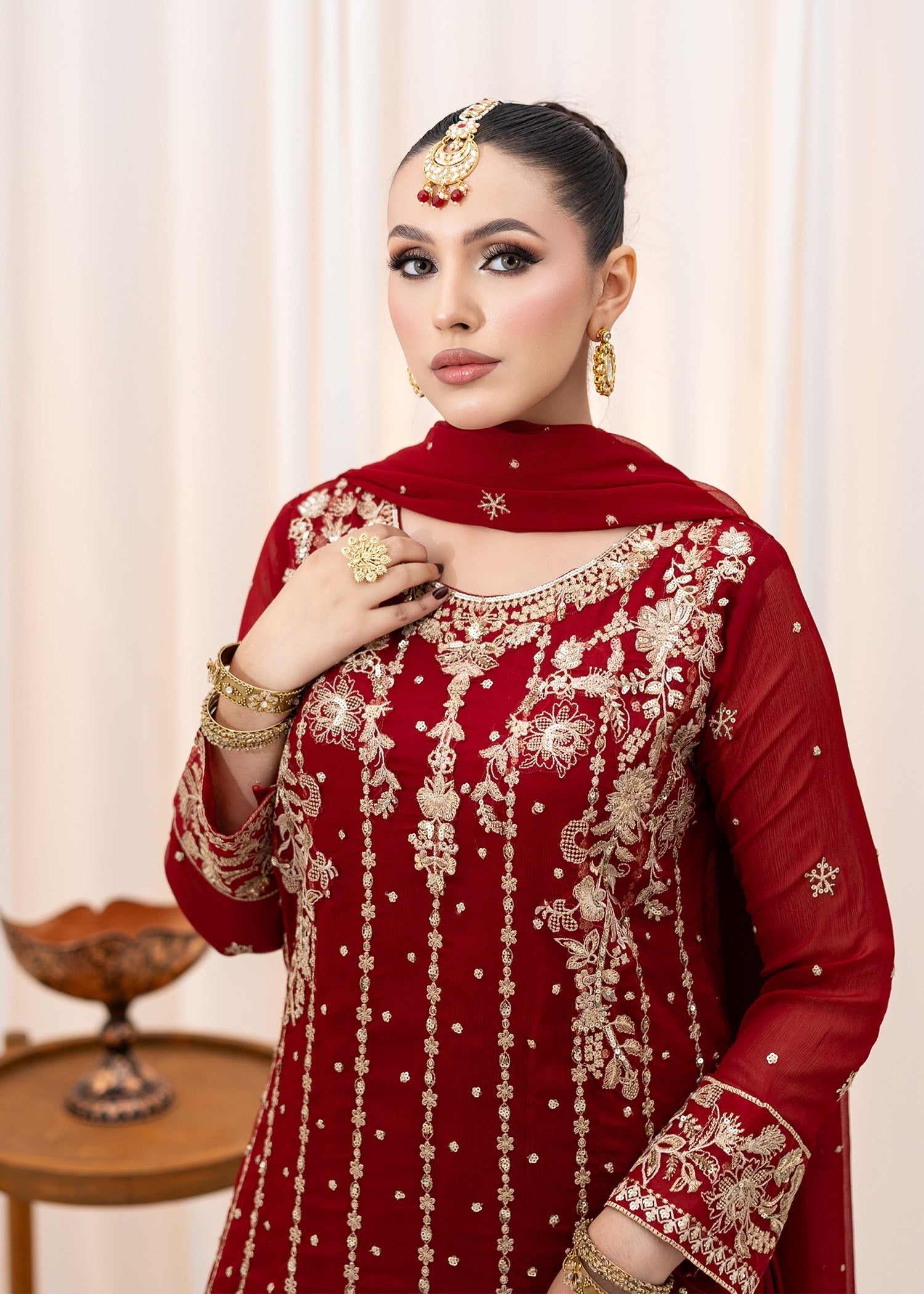 Maroon Embroidered Chiffon Long Shirt with Silk Lehenga (3-Piece) - Image 2