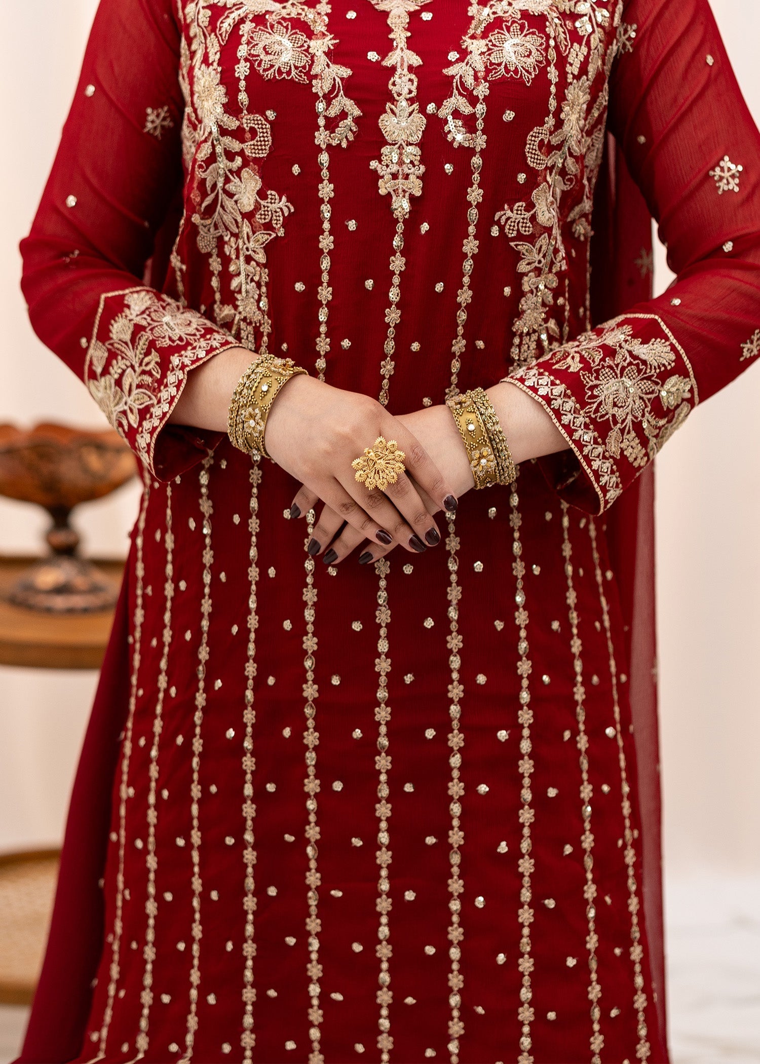 Maroon Embroidered Chiffon Long Shirt with Silk Lehenga (3-Piece) - Image 3