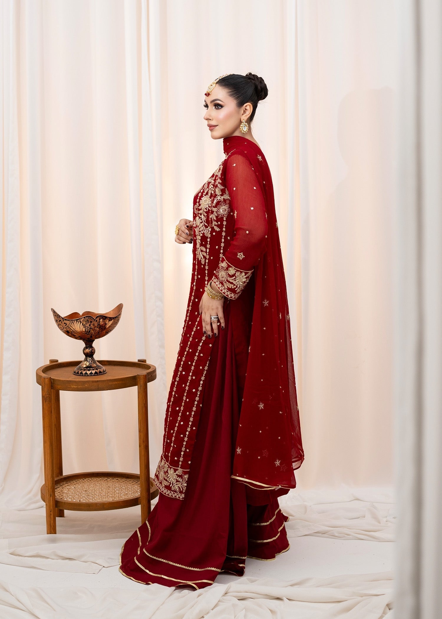 Maroon Embroidered Chiffon Long Shirt with Silk Lehenga (3-Piece) - Image 5