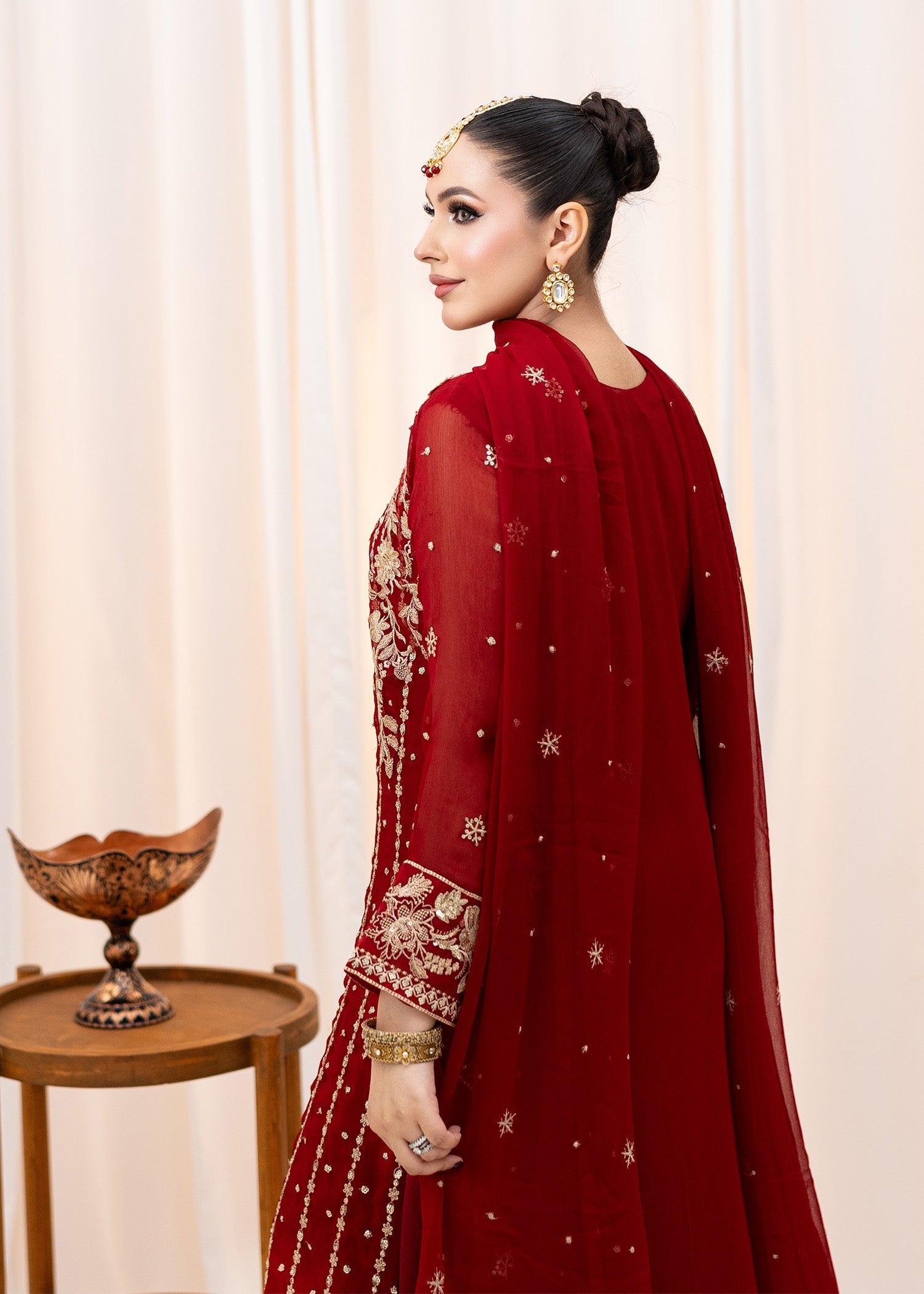 Maroon Embroidered Chiffon Long Shirt with Silk Lehenga (3-Piece) - Image 6