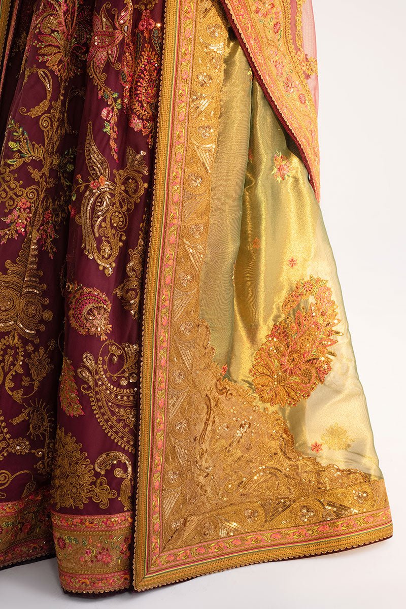 Pakistani Wine Antique Embroidered Net & Cotton Lehenga (3-Piece) - Image 6