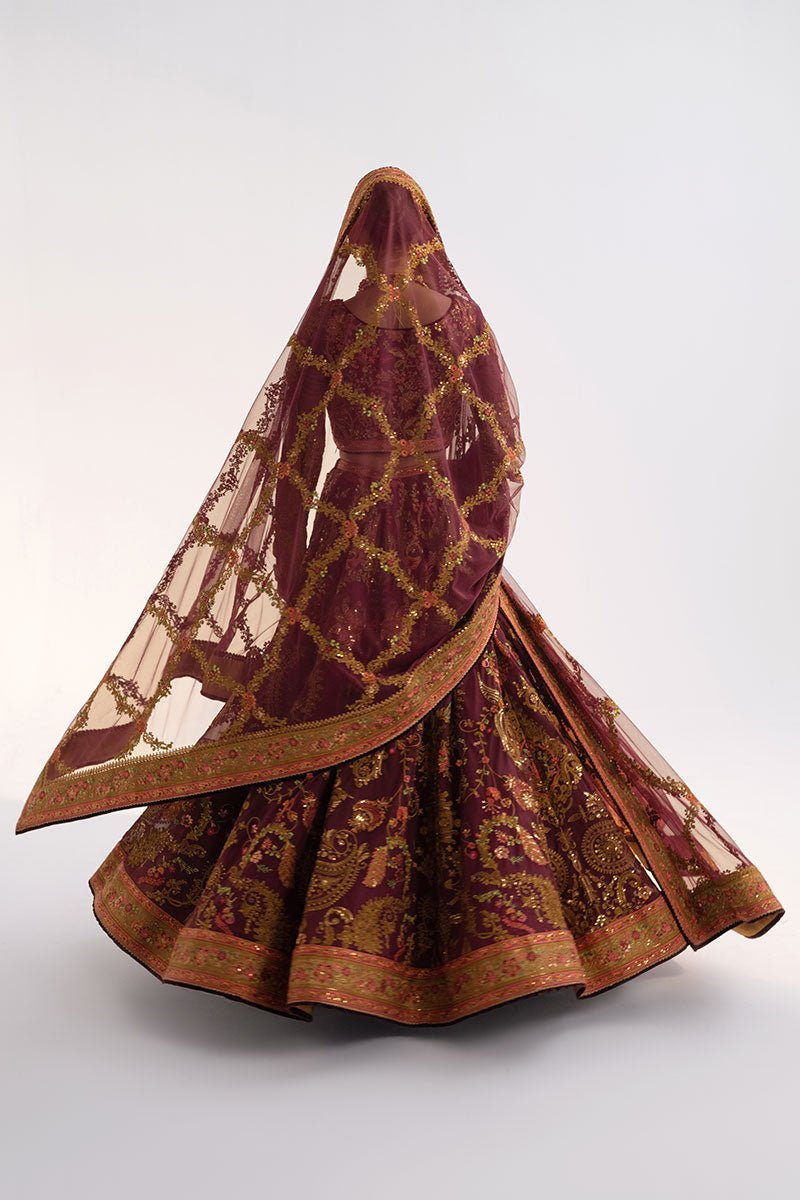 Pakistani Wine Antique Embroidered Net & Cotton Lehenga (3-Piece) - Image 9