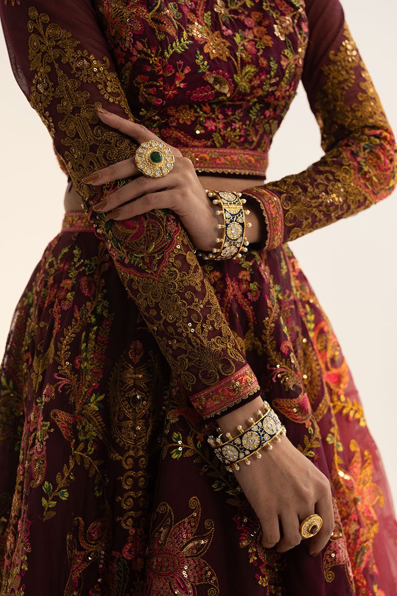 Wine Embroidered Net & Cotton Lehenga (3-Piece) - Image 3