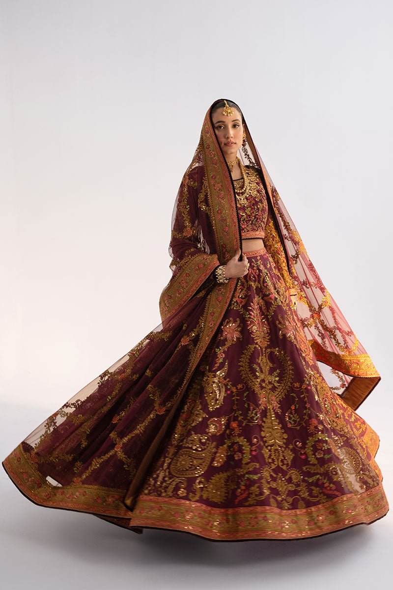 Wine Embroidered Net & Cotton Lehenga (3-Piece) - Image 4