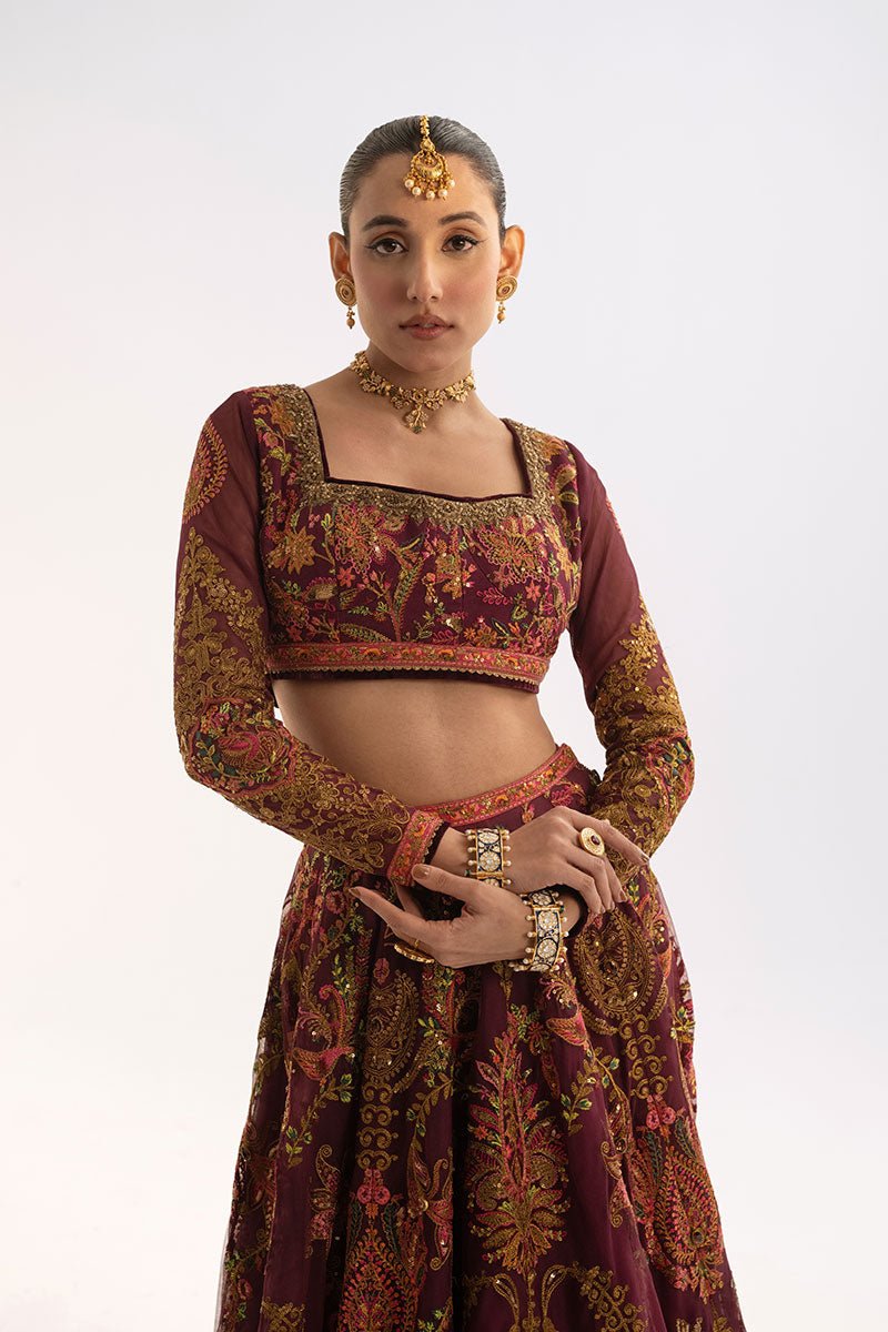 Wine Embroidered Net & Cotton Lehenga (3-Piece) - Image 9
