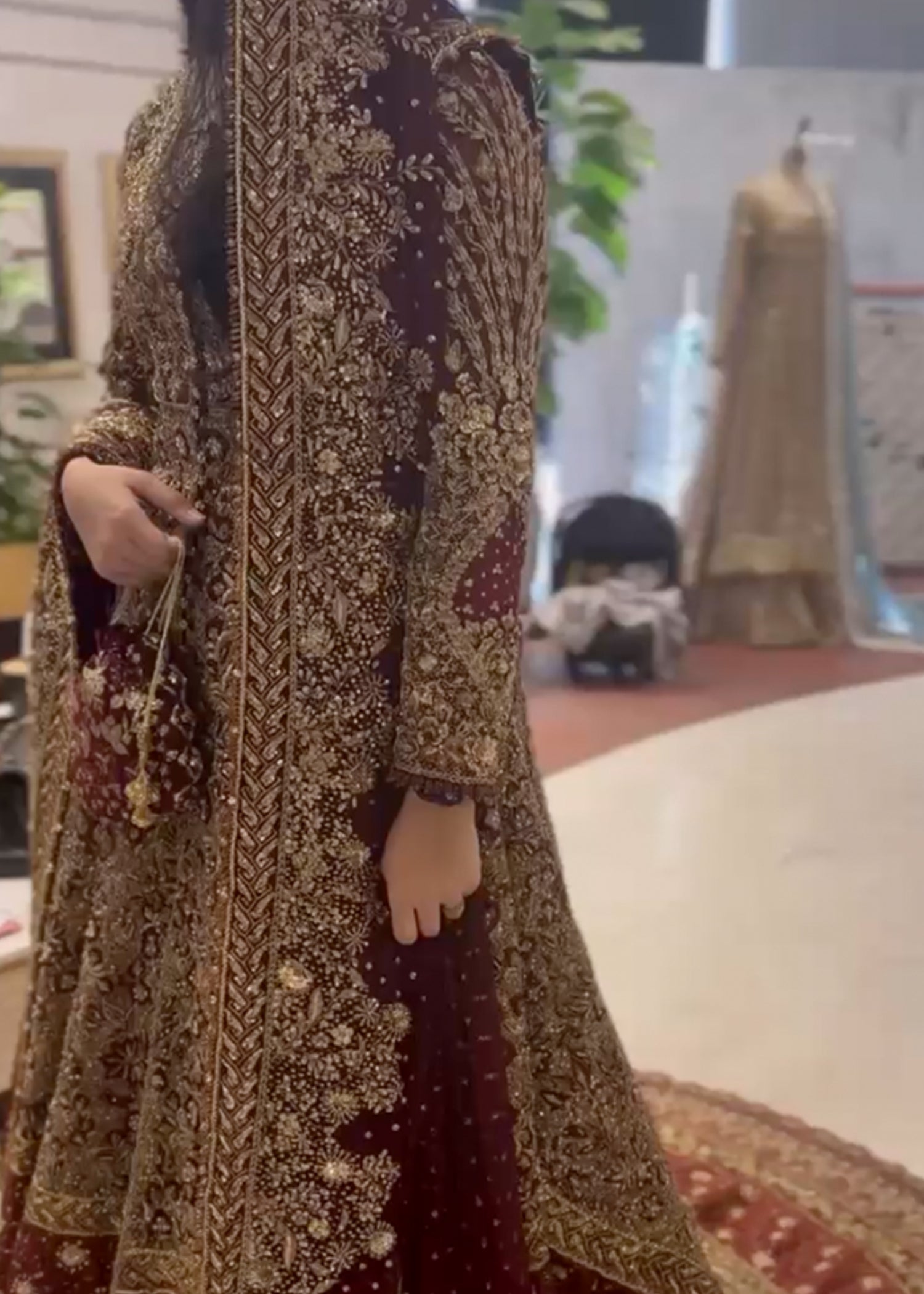 Pakistani Deep Maroon Zardozi French Net Bridal Gown (3-Piece) - Image 1