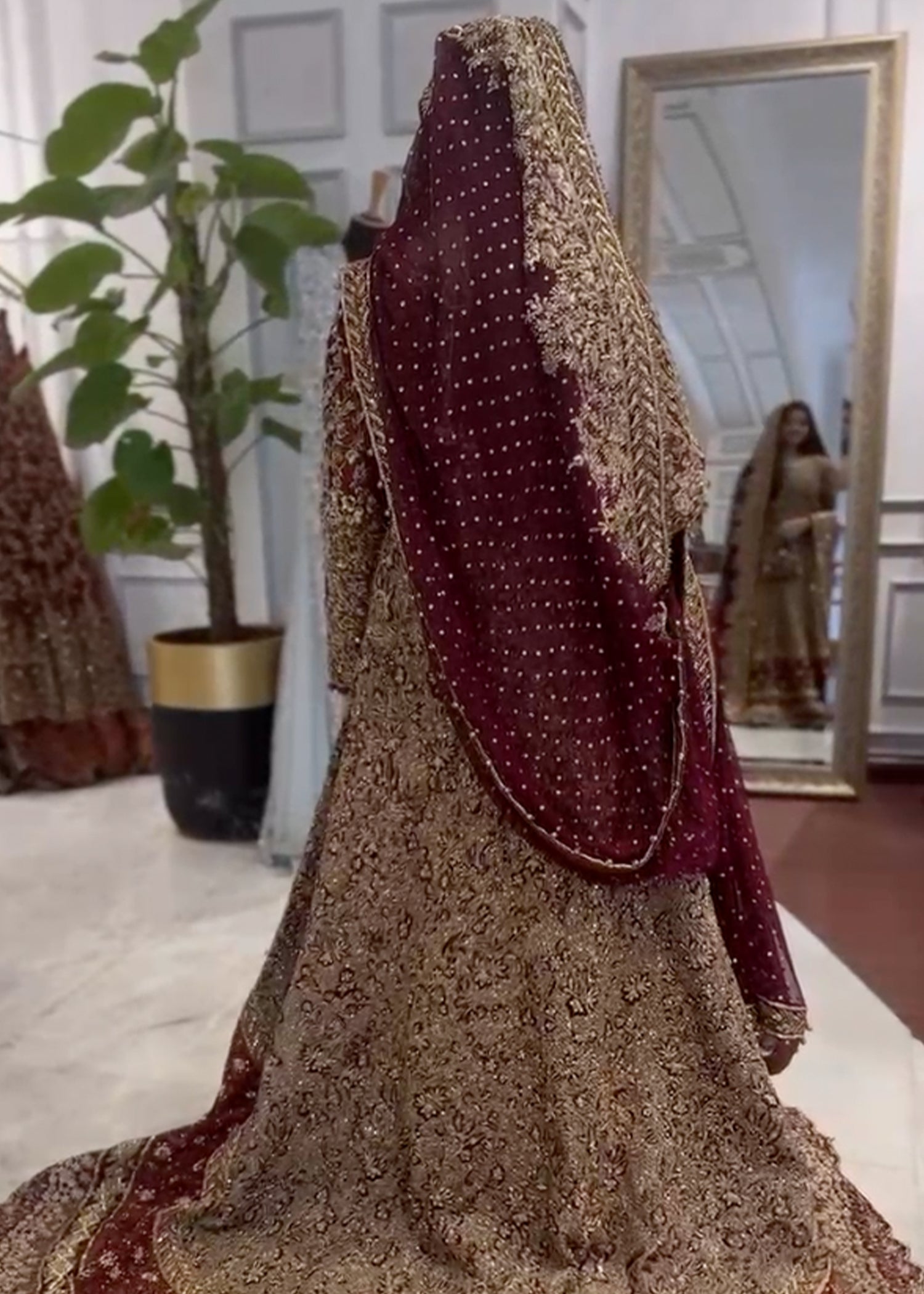 Pakistani Deep Maroon Zardozi French Net Bridal Gown (3-Piece) - Image 2