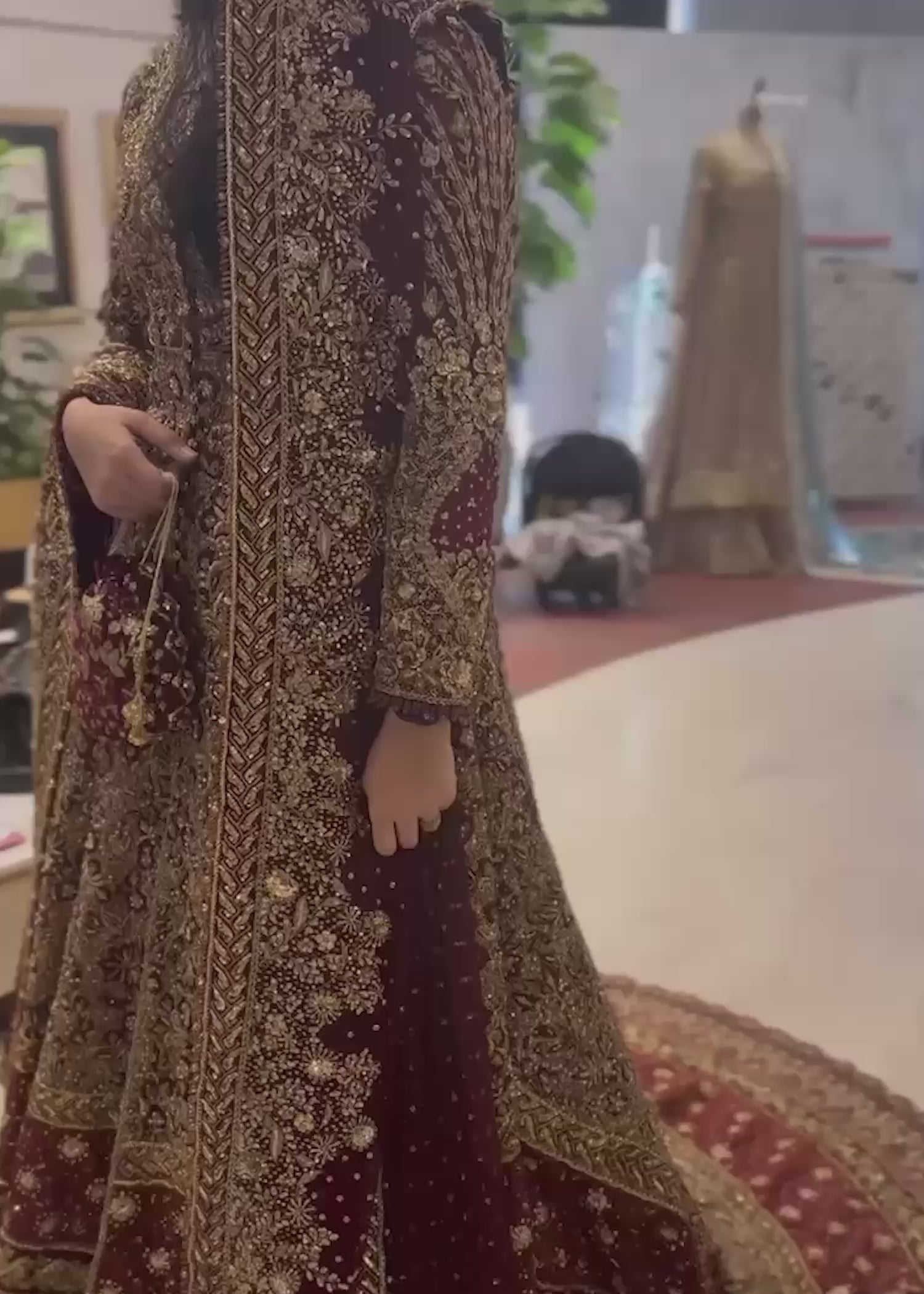 Pakistani Deep Maroon Zardozi French Net Bridal Gown (3-Piece) - Image 4