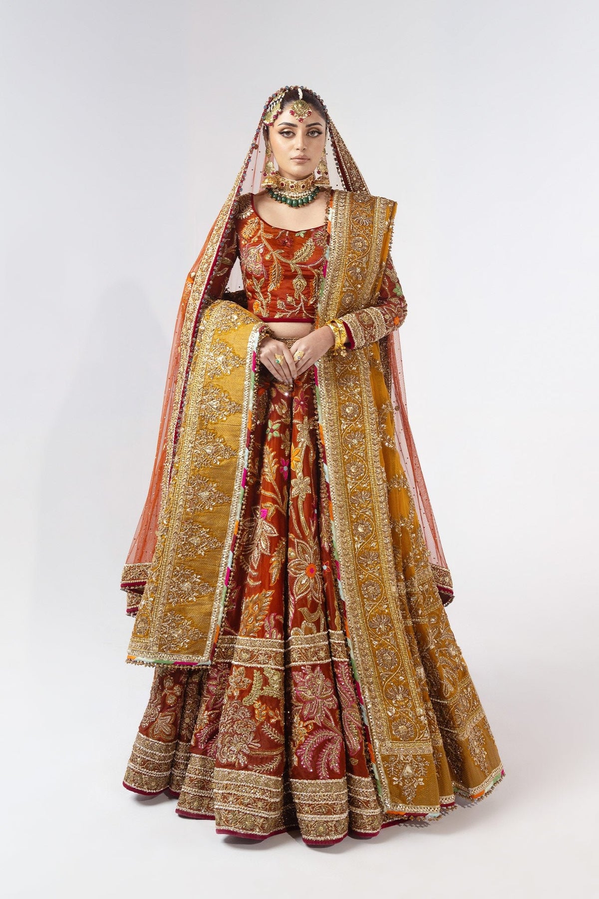 Rust & Mustard Zardozi Jacquard Bridal Lehenga (3-Piece) - Image 1