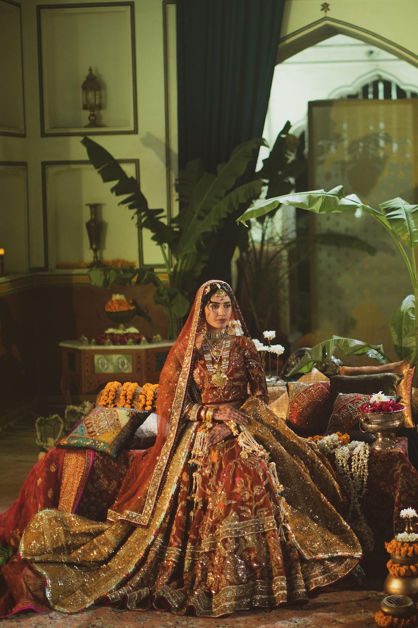 Rust & Mustard Zardozi Jacquard Bridal Lehenga (3-Piece) - Image 11