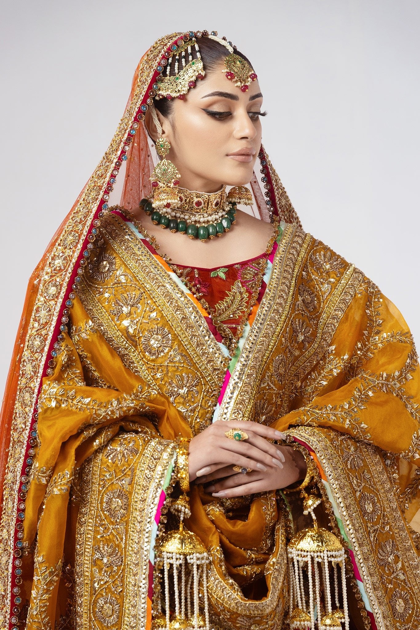 Rust & Mustard Zardozi Jacquard Bridal Lehenga (3-Piece) - Image 3