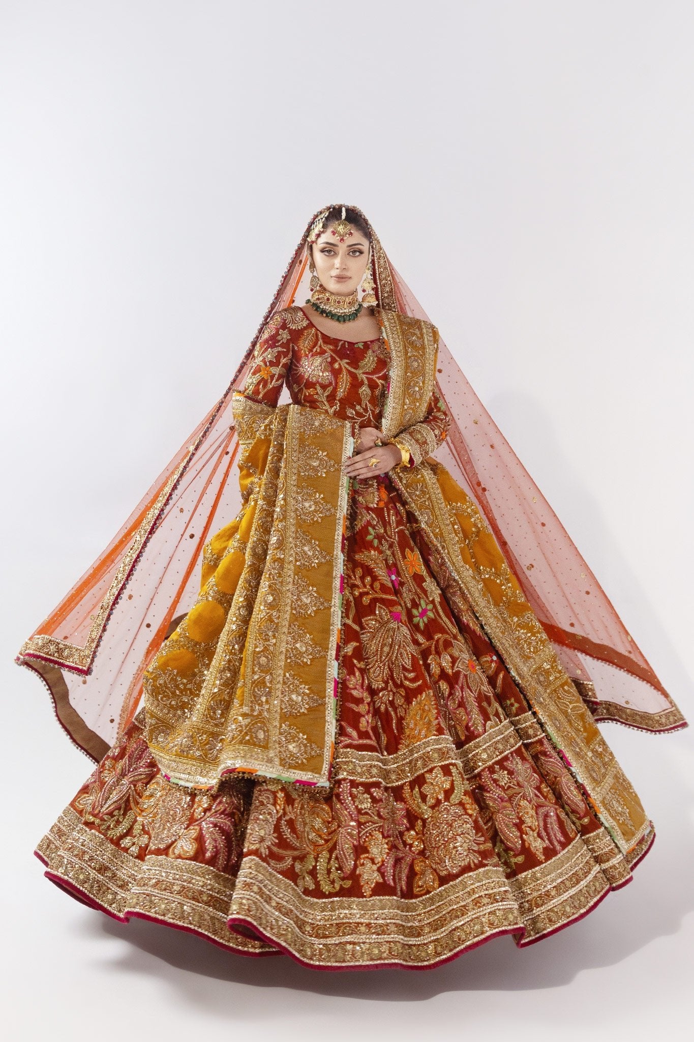 Rust & Mustard Zardozi Jacquard Bridal Lehenga (3-Piece) - Image 4