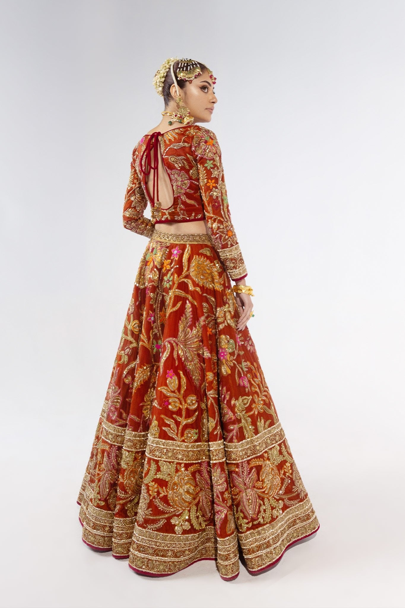 Rust & Mustard Zardozi Jacquard Bridal Lehenga (3-Piece) - Image 5