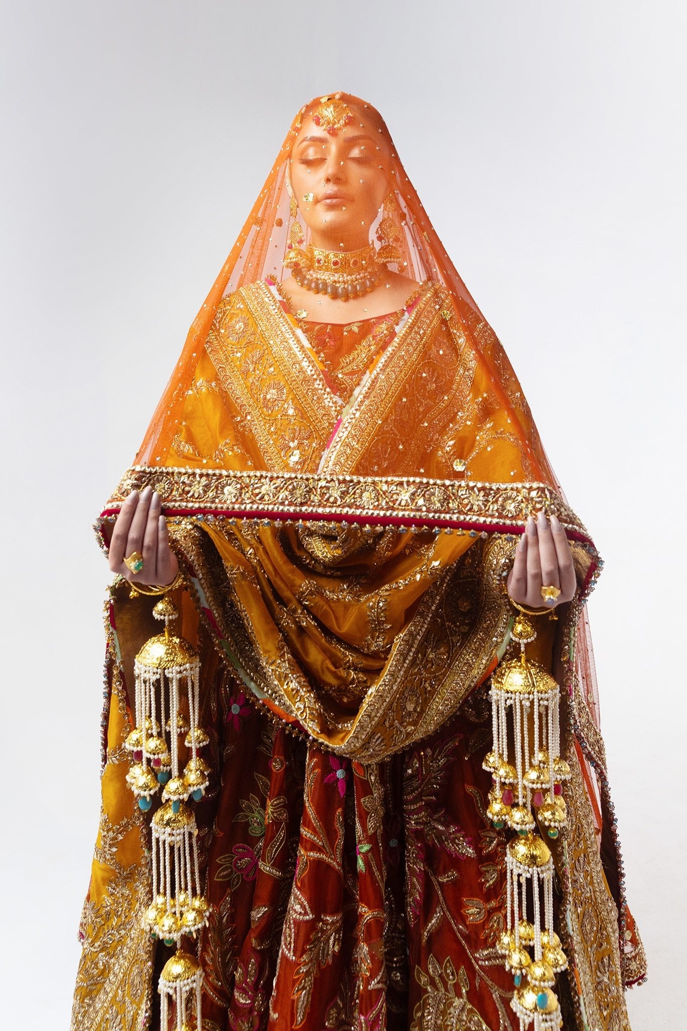 Rust & Mustard Zardozi Jacquard Bridal Lehenga (3-Piece) - Image 6