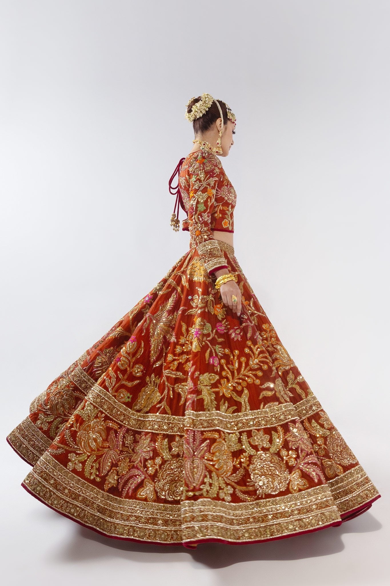 Rust & Mustard Zardozi Jacquard Bridal Lehenga (3-Piece) - Image 7
