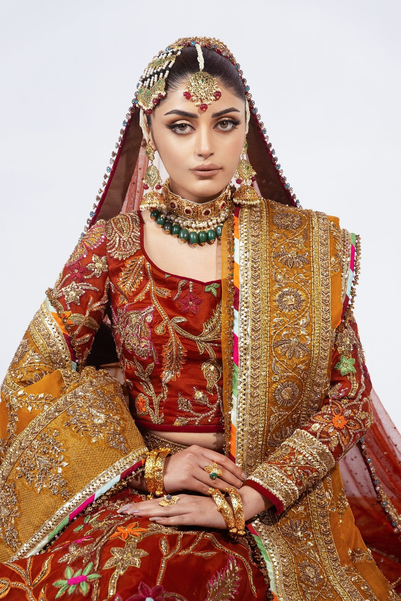 Rust & Mustard Zardozi Jacquard Bridal Lehenga (3-Piece) - Image 8