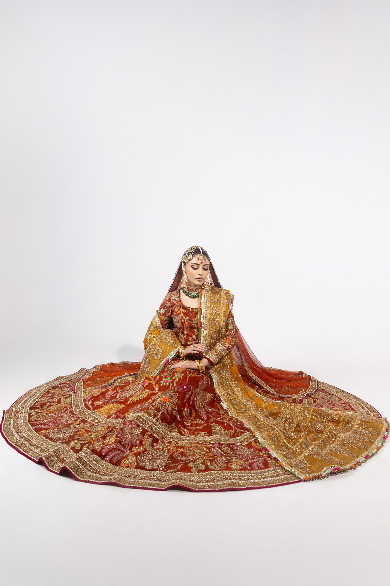 Rust & Mustard Zardozi Jacquard Bridal Lehenga (3-Piece) - Image 9