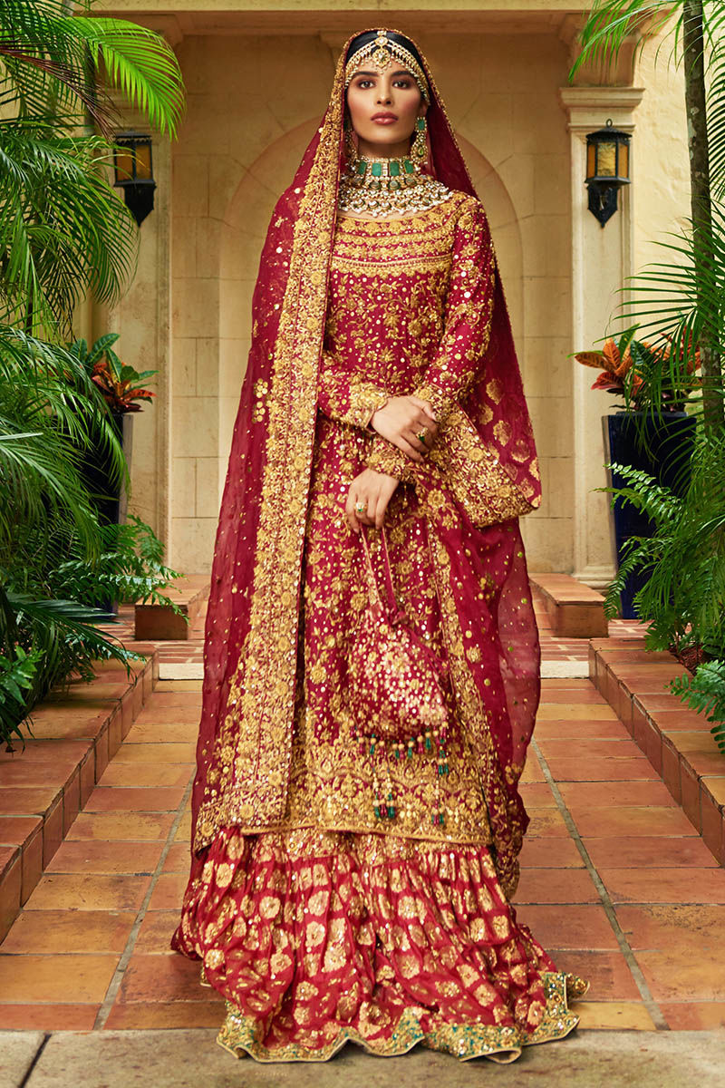 Pakistani Maroon Dabka Embroidered Jamavar Lehenga (3-Piece) - Image 1