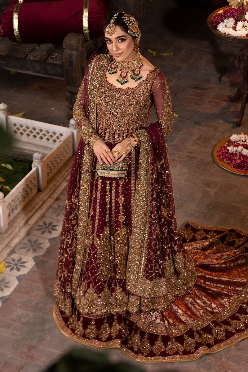 Pakistani Maroon Zardozi Chiffon Gown with Jamawaar Lehenga (3-Piece) - Image 1