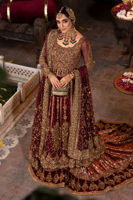 Pakistani Maroon Zardozi Chiffon Gown with Jamawaar Lehenga (3-Piece) - Image 2