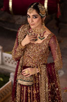 Pakistani Maroon Zardozi Chiffon Gown with Jamawaar Lehenga (3-Piece) - Image 3