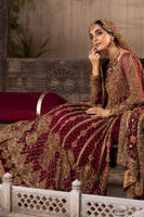 Pakistani Maroon Zardozi Chiffon Gown with Jamawaar Lehenga (3-Piece) - Image 4
