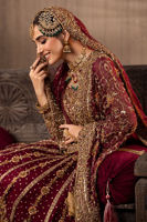 Pakistani Maroon Zardozi Chiffon Gown with Jamawaar Lehenga (3-Piece) - Image 5