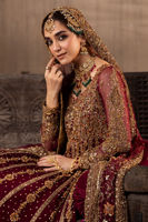 Pakistani Maroon Zardozi Chiffon Gown with Jamawaar Lehenga (3-Piece) - Image 6