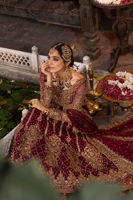 Pakistani Maroon Zardozi Chiffon Gown with Jamawaar Lehenga (3-Piece) - Image 7