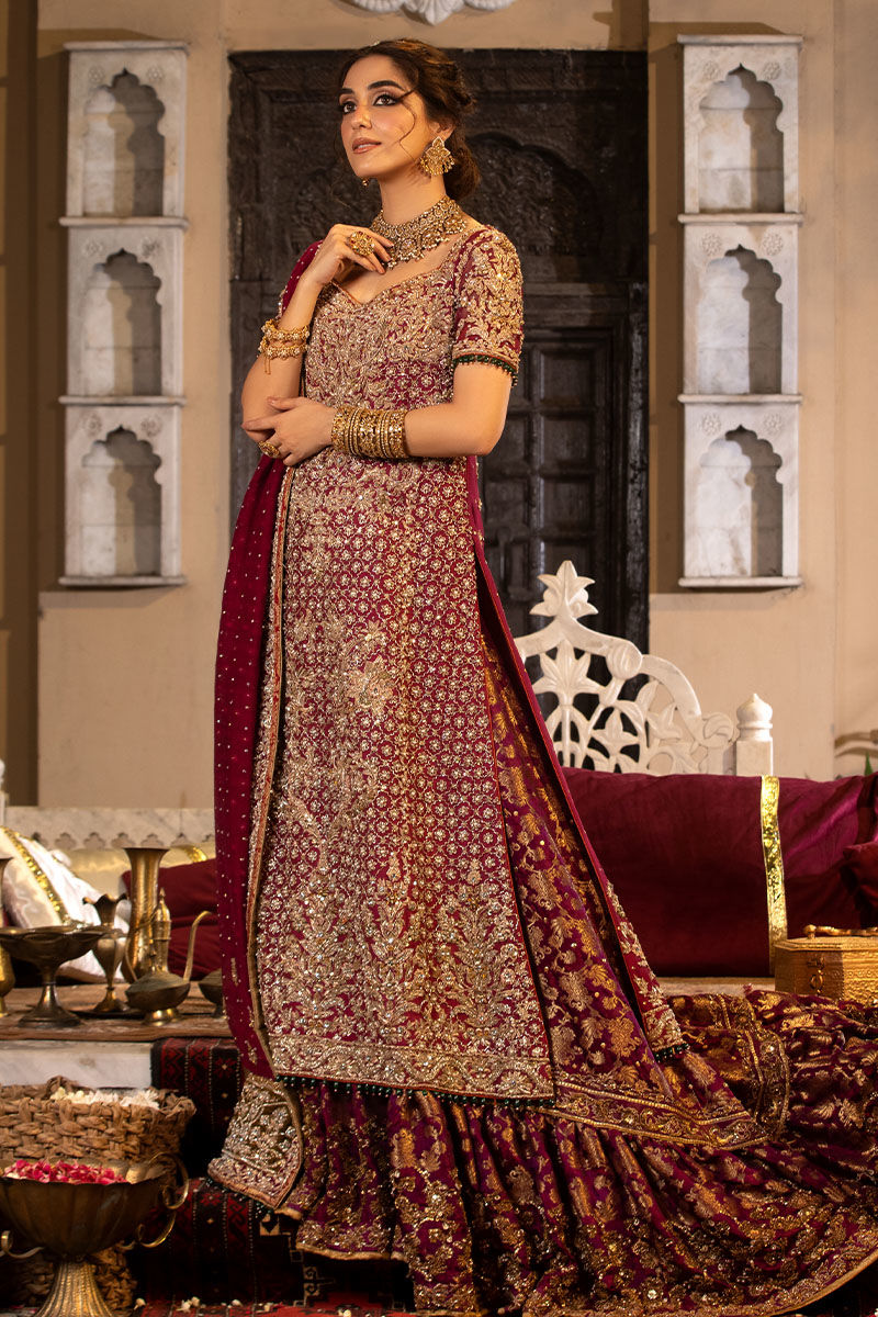 Pakistani Plum Embroidered Cotton Net Lehenga (3-Piece) - Image 1