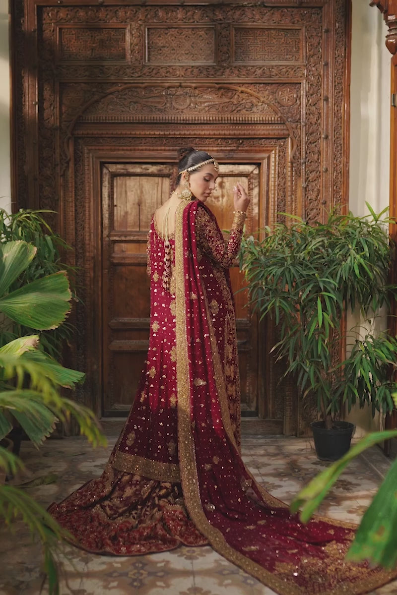 Indian Deep Maroon Embroidered Silk Net Bridal Lehenga (3-Piece) - Image 12