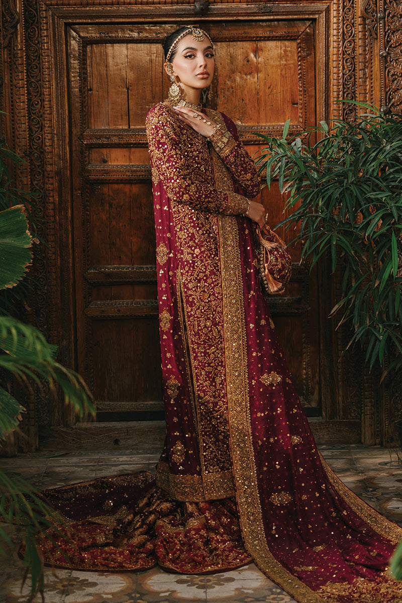 Indian Deep Maroon Embroidered Silk Net Bridal Lehenga (3-Piece) - Image 9