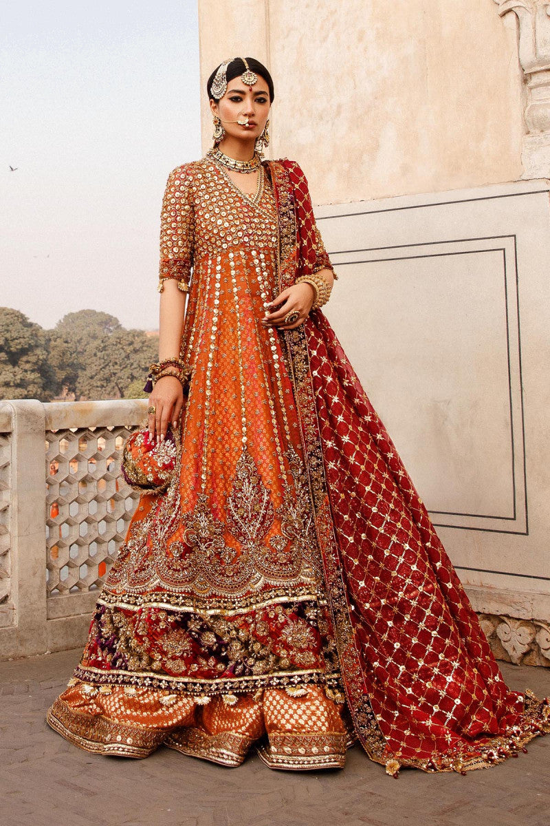 Rust & Pink Embroidered Organza Angrakha Lehenga (3-Piece) - Image 1