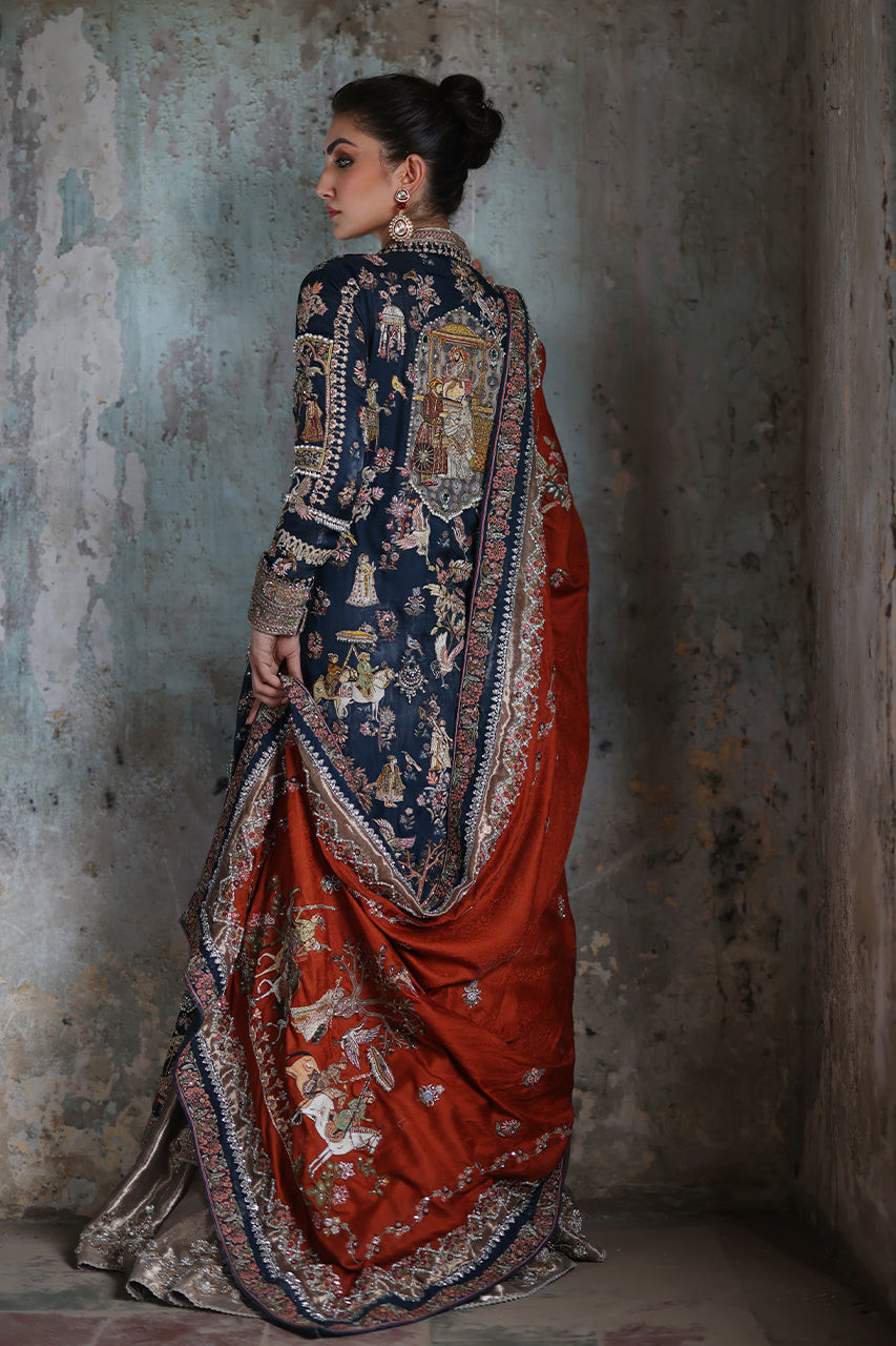 Pakistani Rust Hand-Embroidered Jamawar Silk Chaddar (3-Piece) - Image 2