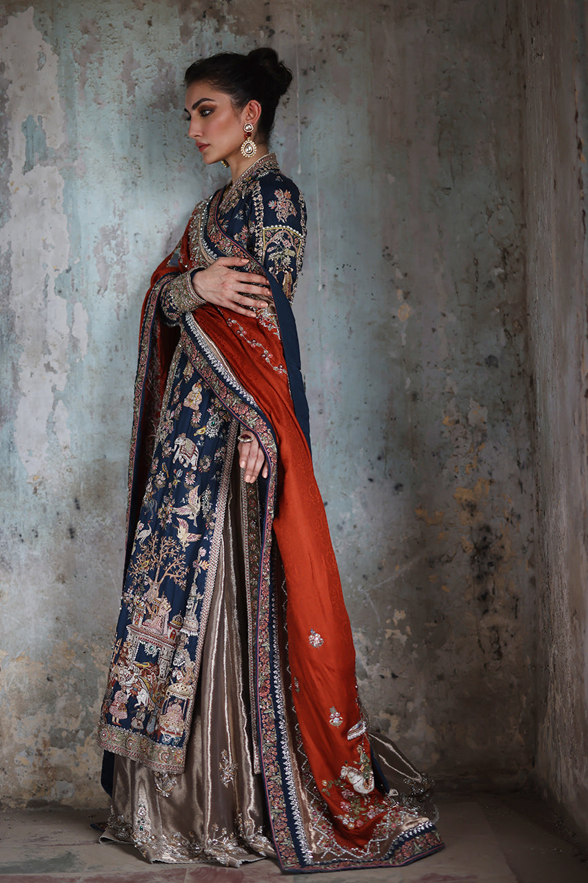 Pakistani Rust Hand-Embroidered Jamawar Silk Chaddar (3-Piece) - Image 3