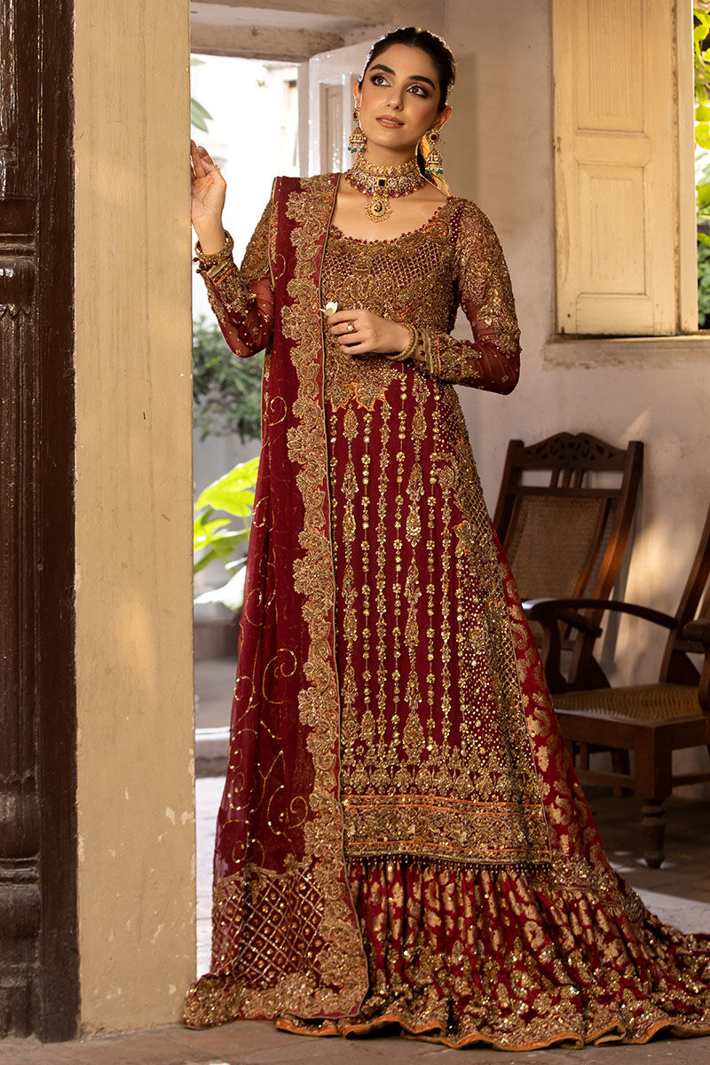 Pakistani Maroon Zardozi Chiffon A-Line Shirt with Jamawar Lehenga (3-Piece) - Image 2