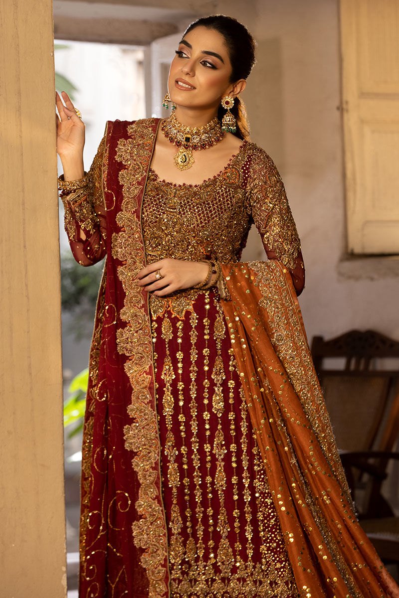Pakistani Maroon Zardozi Chiffon A-Line Shirt with Jamawar Lehenga (3-Piece) - Image 3