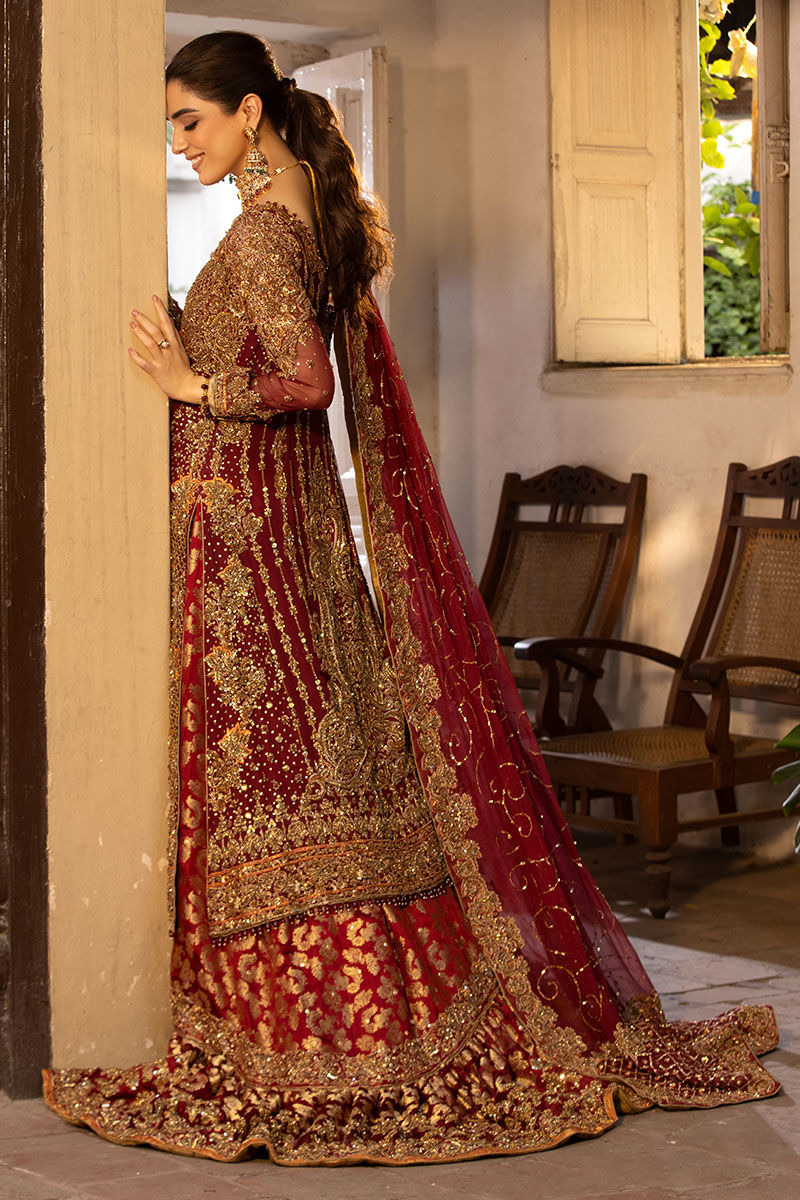 Pakistani Maroon Zardozi Chiffon A-Line Shirt with Jamawar Lehenga (3-Piece) - Image 4