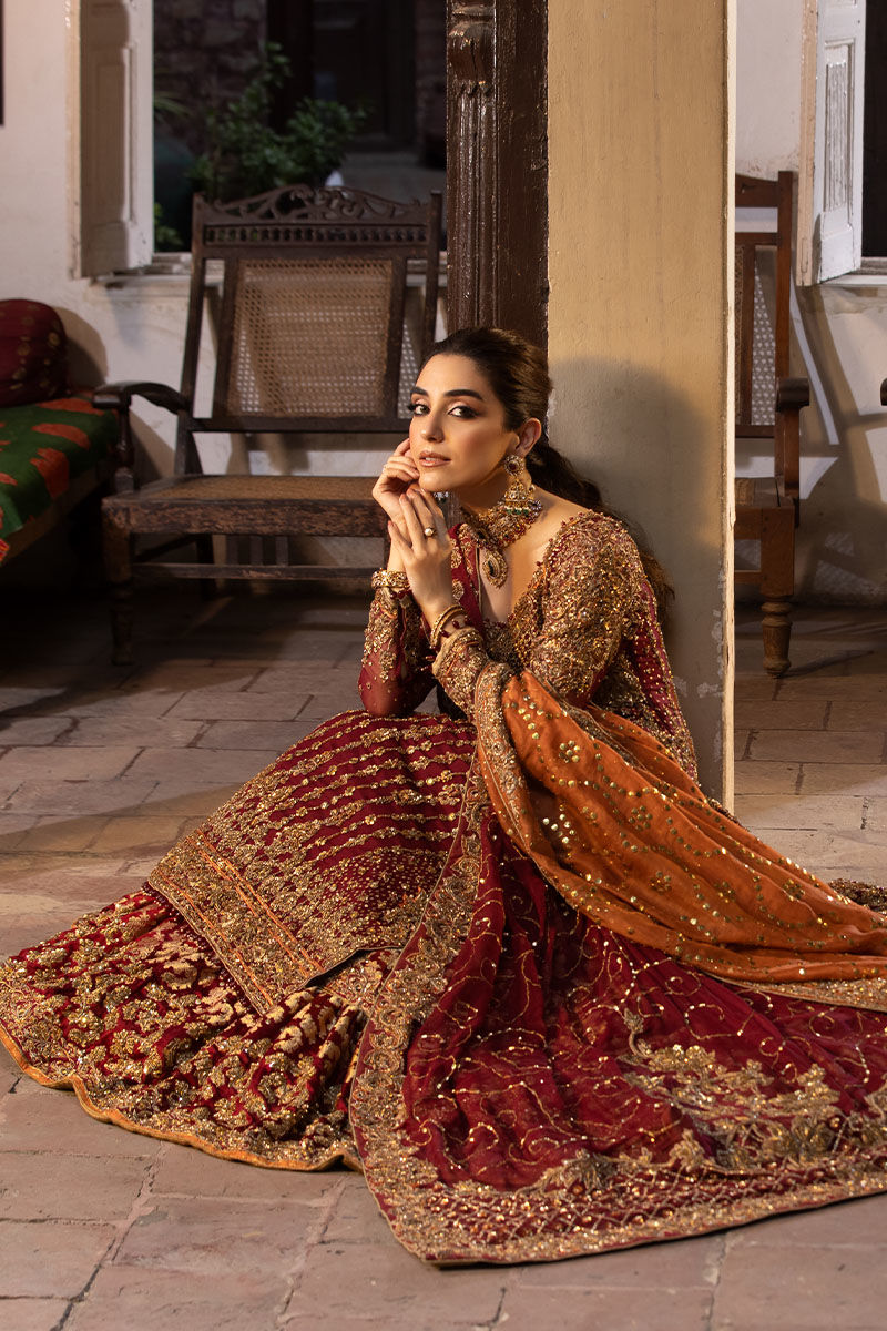Pakistani Maroon Zardozi Chiffon A-Line Shirt with Jamawar Lehenga (3-Piece) - Image 5