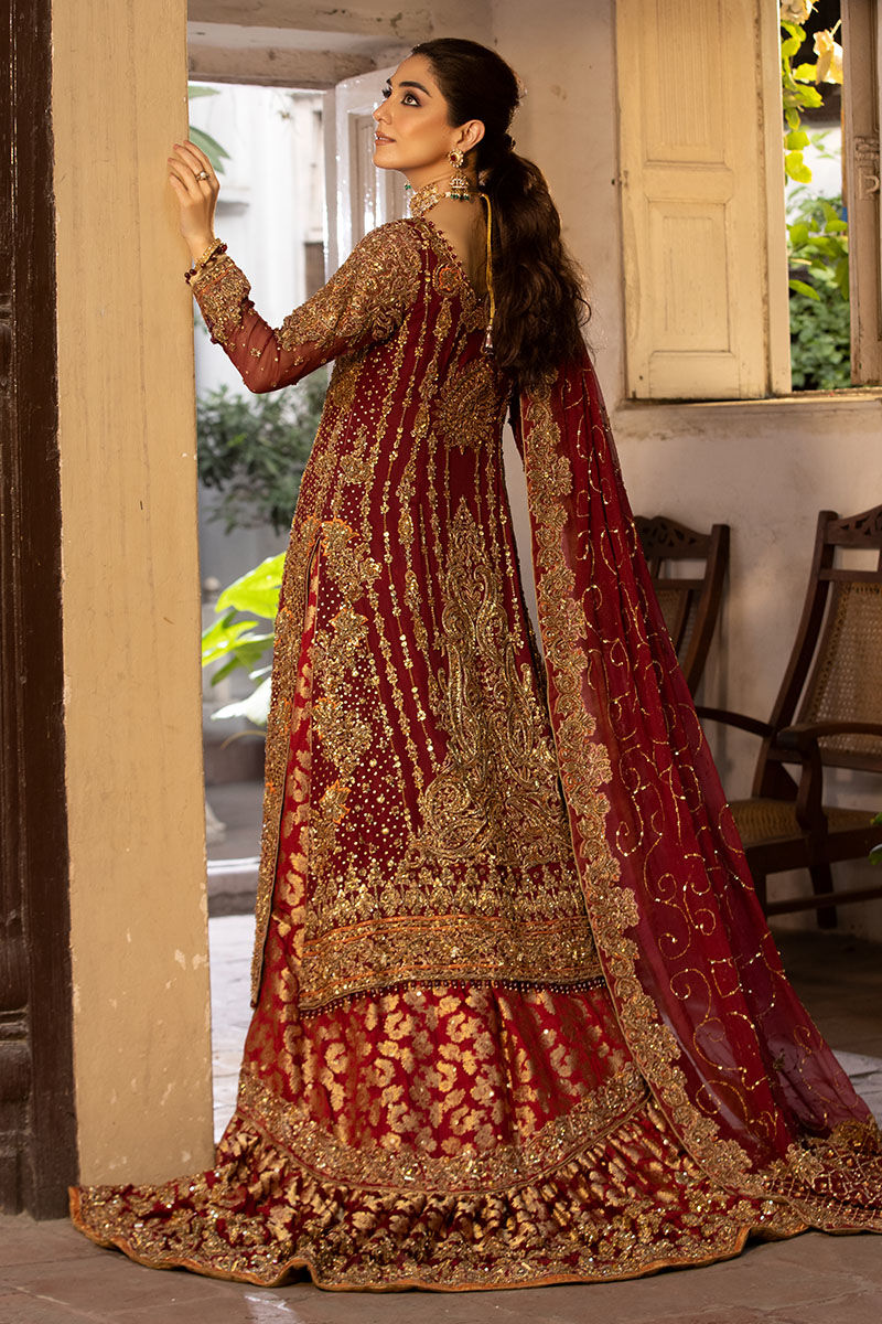 Pakistani Maroon Zardozi Chiffon A-Line Shirt with Jamawar Lehenga (3-Piece) - Image 6