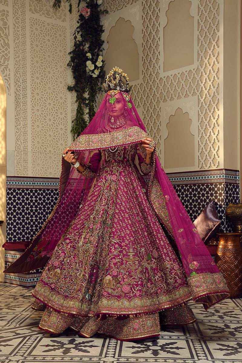 Pakistani Wine Hand-Embroidered Jamawar Pishwas & Lehnga (5-Piece) - Image 3