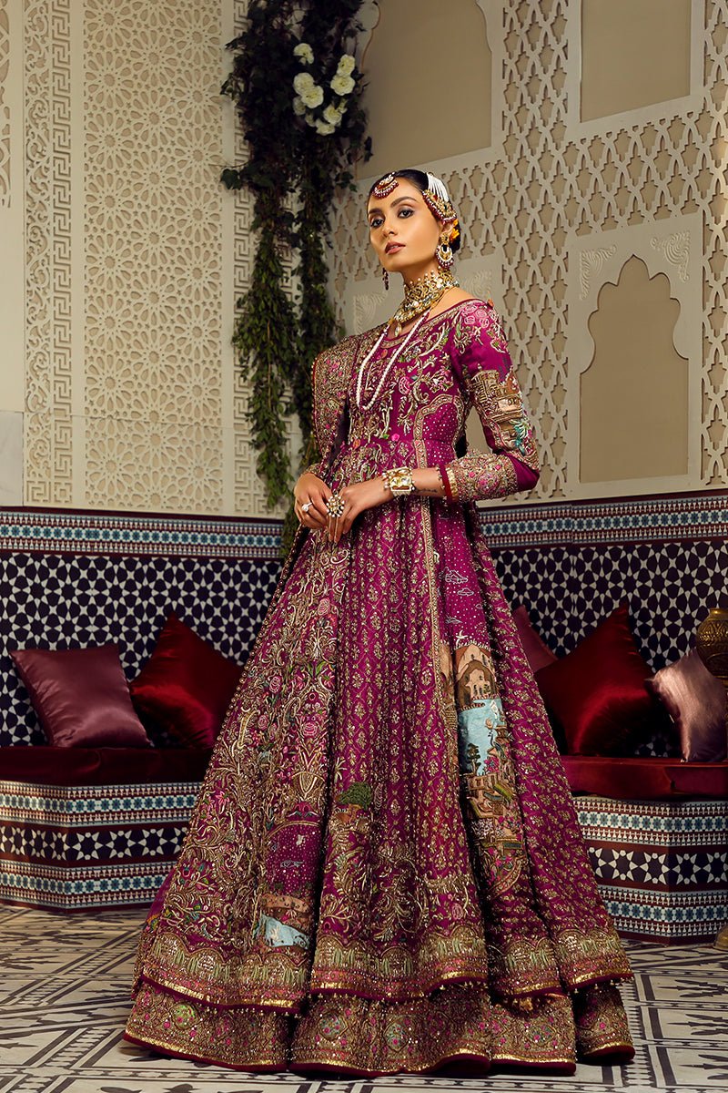 Pakistani Wine Hand-Embroidered Jamawar Pishwas & Lehnga (5-Piece) - Image 5