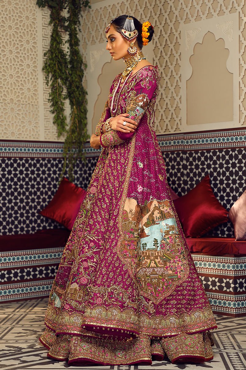 Pakistani Wine Hand-Embroidered Jamawar Pishwas & Lehnga (5-Piece) - Image 6