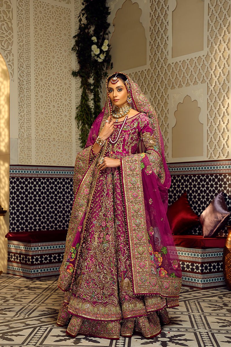 Pakistani Wine Hand-Embroidered Jamawar Pishwas & Lehnga (5-Piece) - Image 7