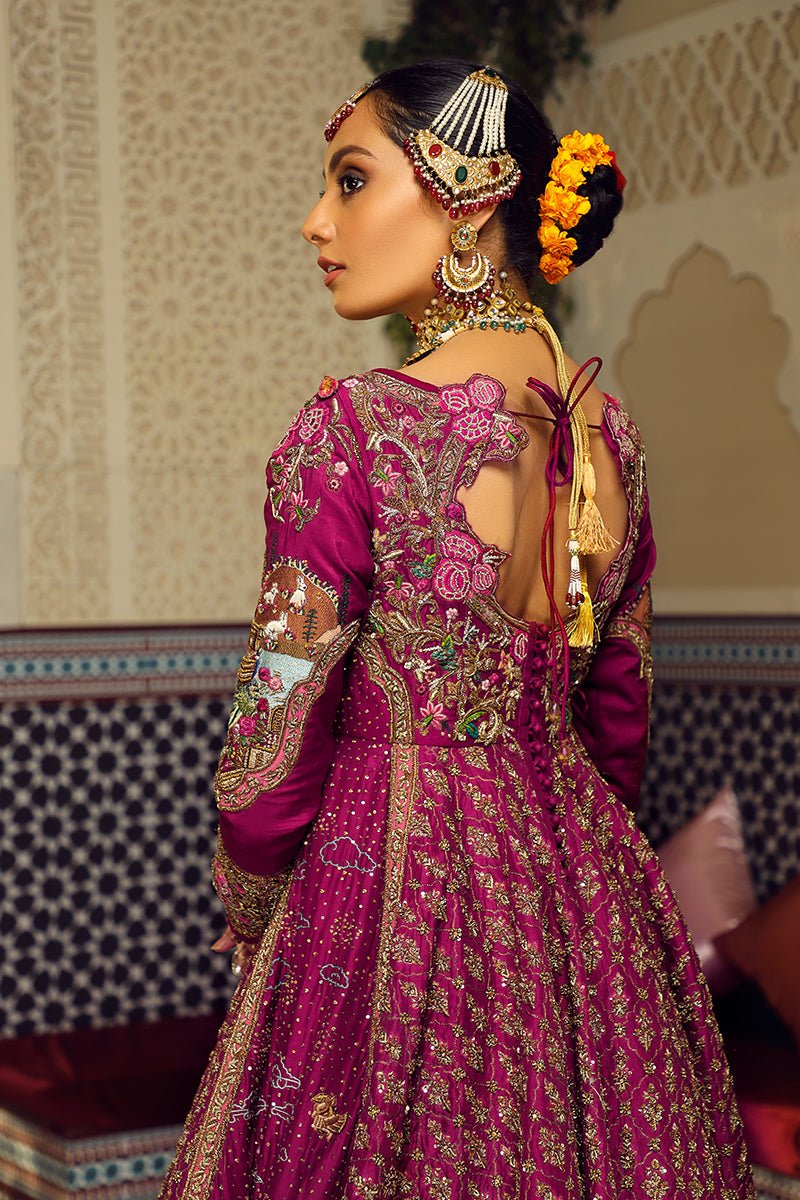 Pakistani Wine Hand-Embroidered Jamawar Pishwas & Lehnga (5-Piece) - Image 9