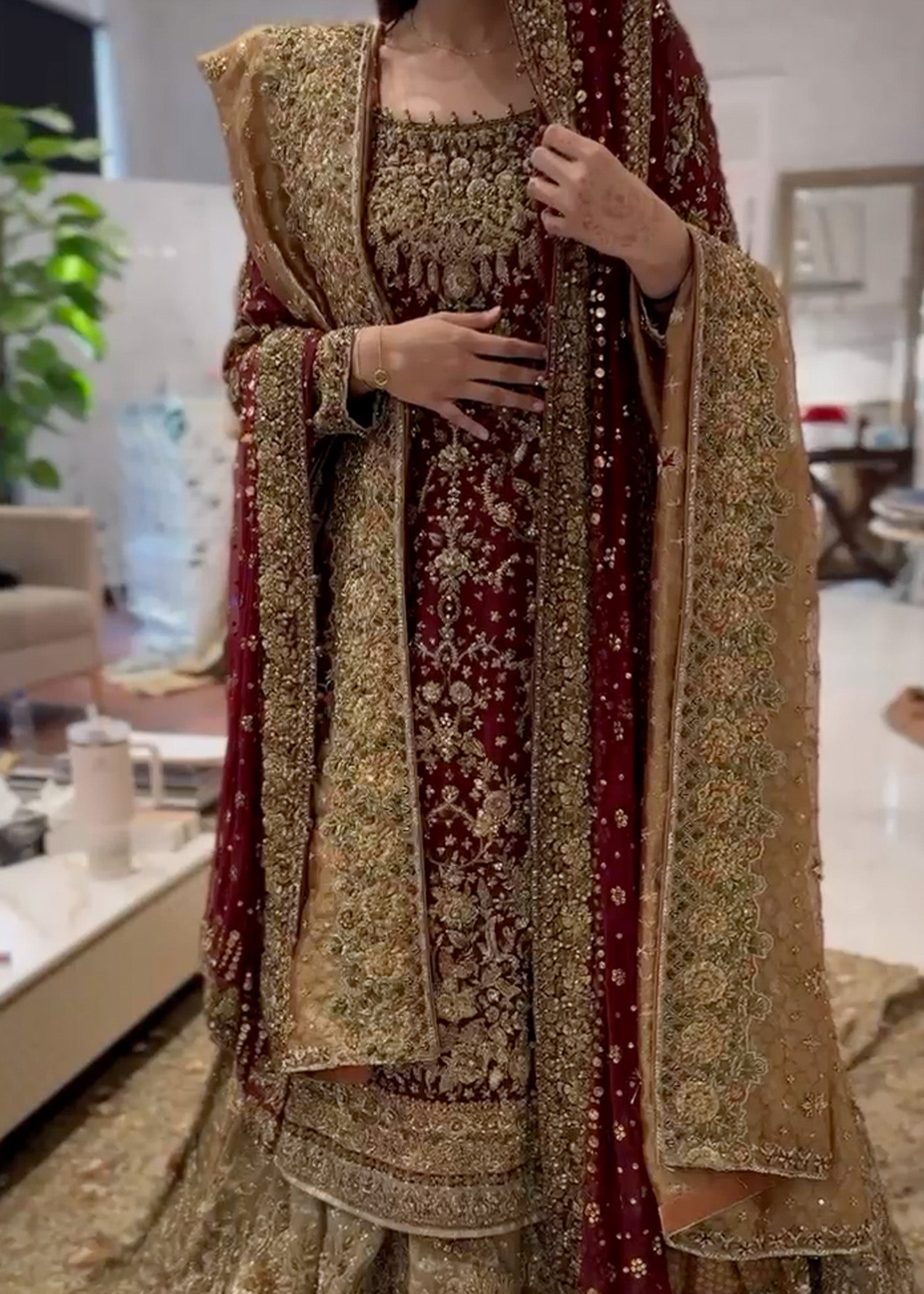 Deep Maroon Gold Zardozi Silk-Blend Bridal Lehenga (3-Piece) - Image 1