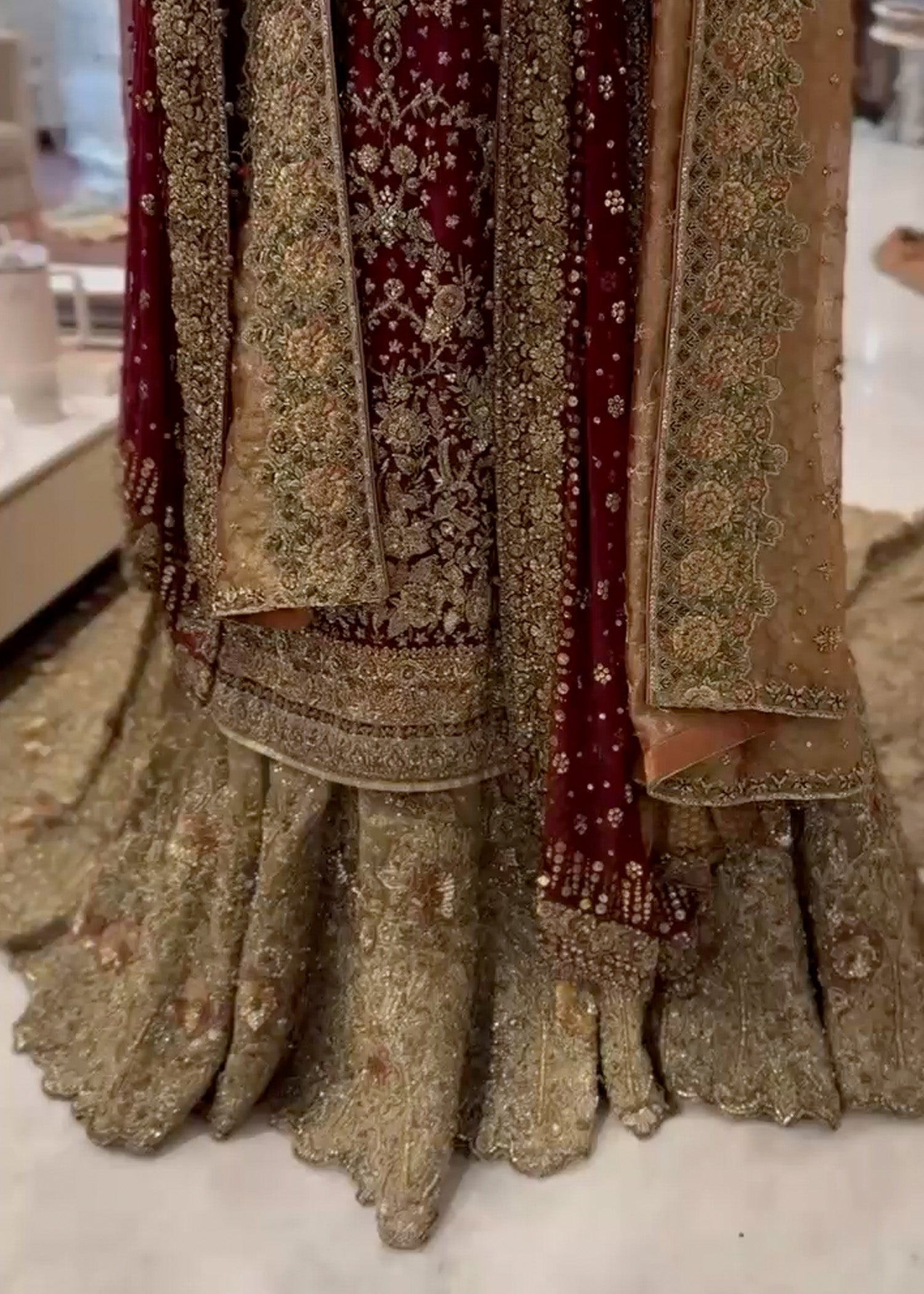 Deep Maroon Gold Zardozi Silk-Blend Bridal Lehenga (3-Piece) - Image 3