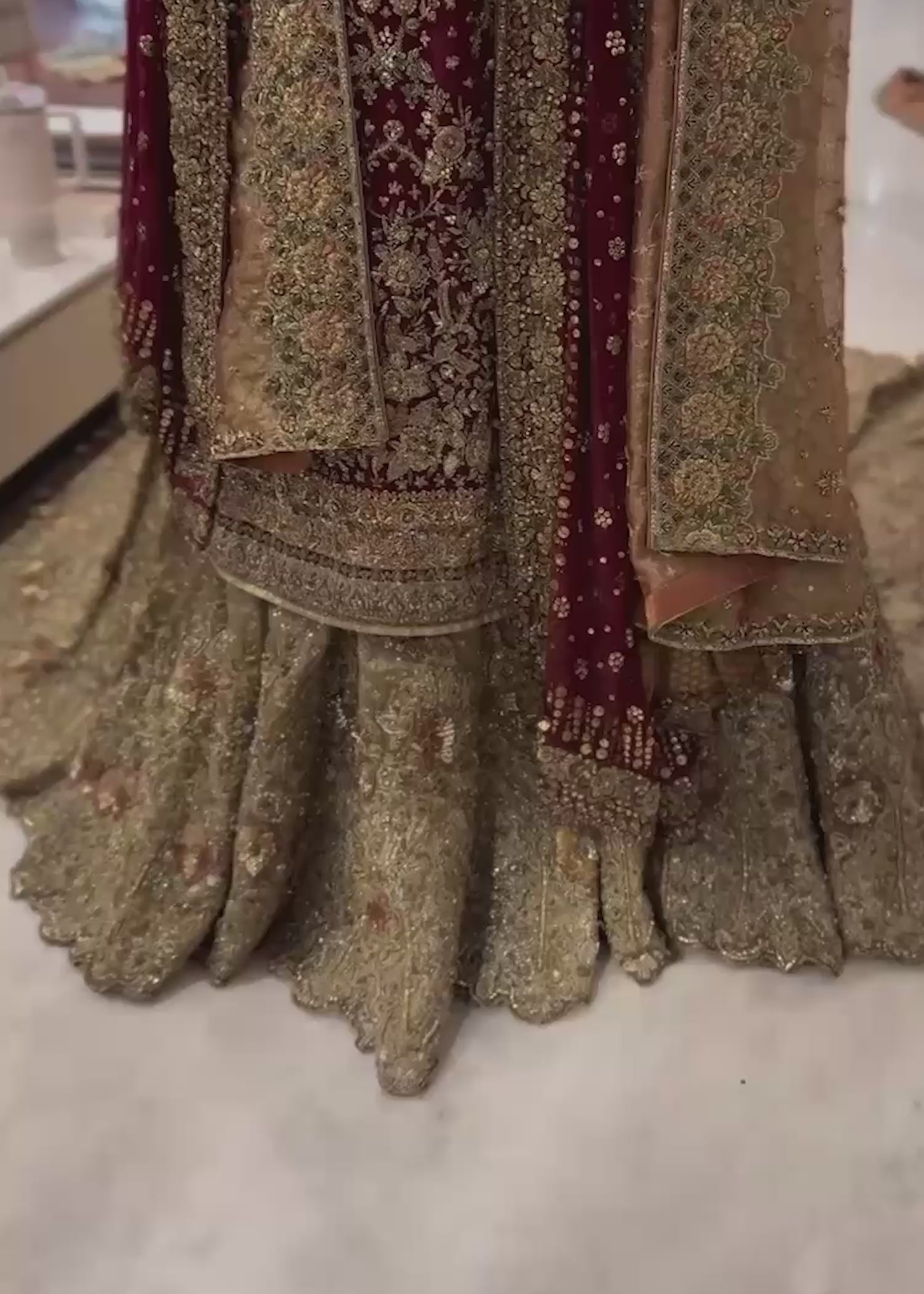 Deep Maroon Gold Zardozi Silk-Blend Bridal Lehenga (3-Piece) - Image 4