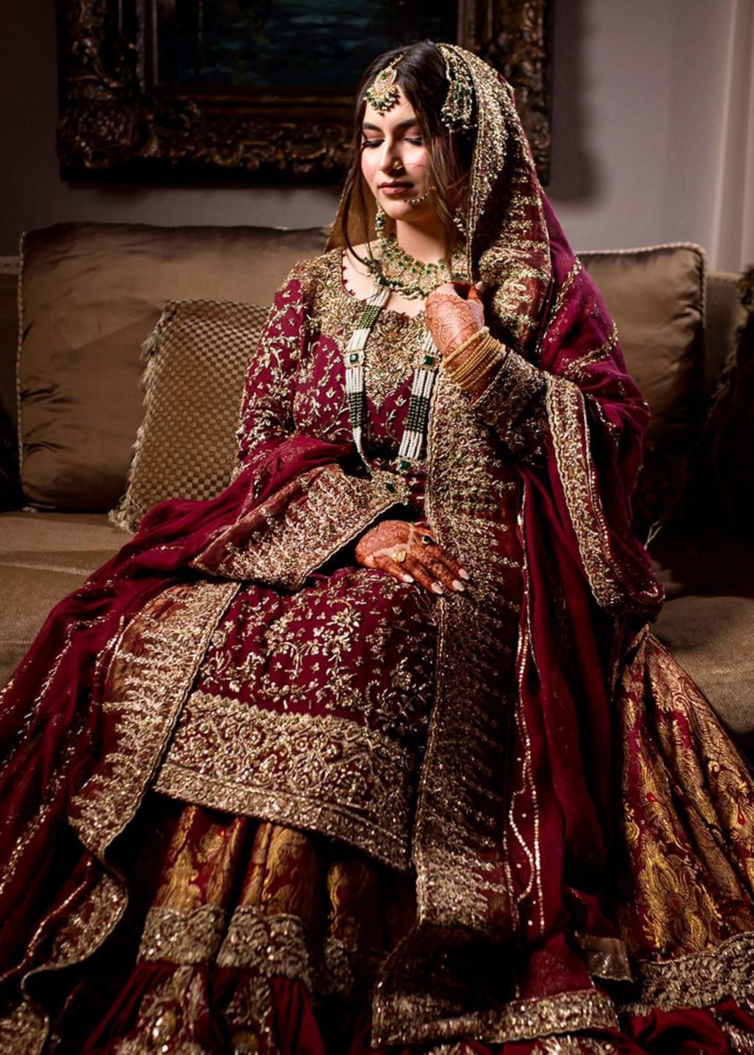 Pakistani Deep Maroon Zardozi Silk Bridal Lehenga (3-Piece) - Image 1
